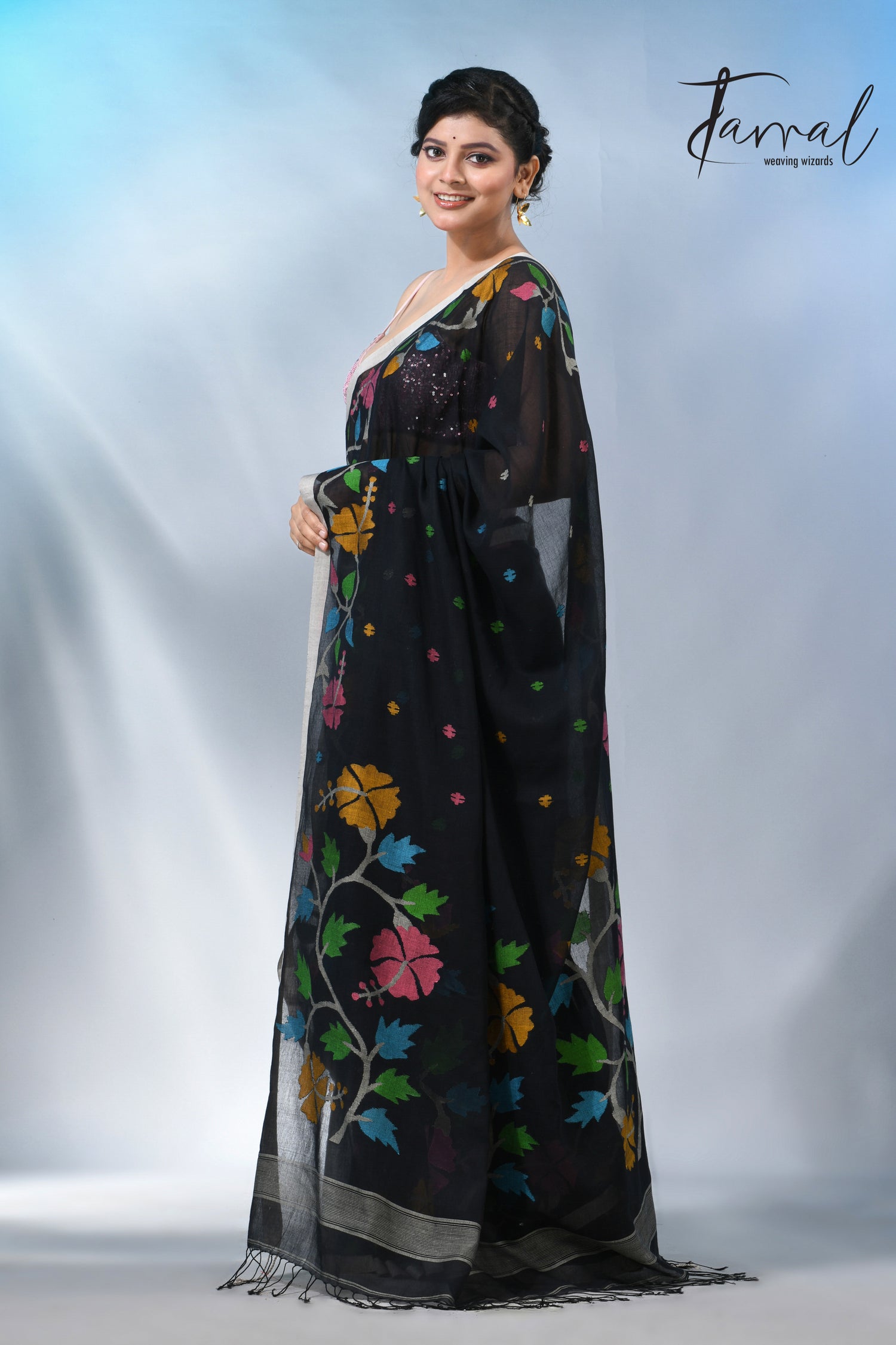 Black pure cotton hibiscus floral handwoven jamdani saree
