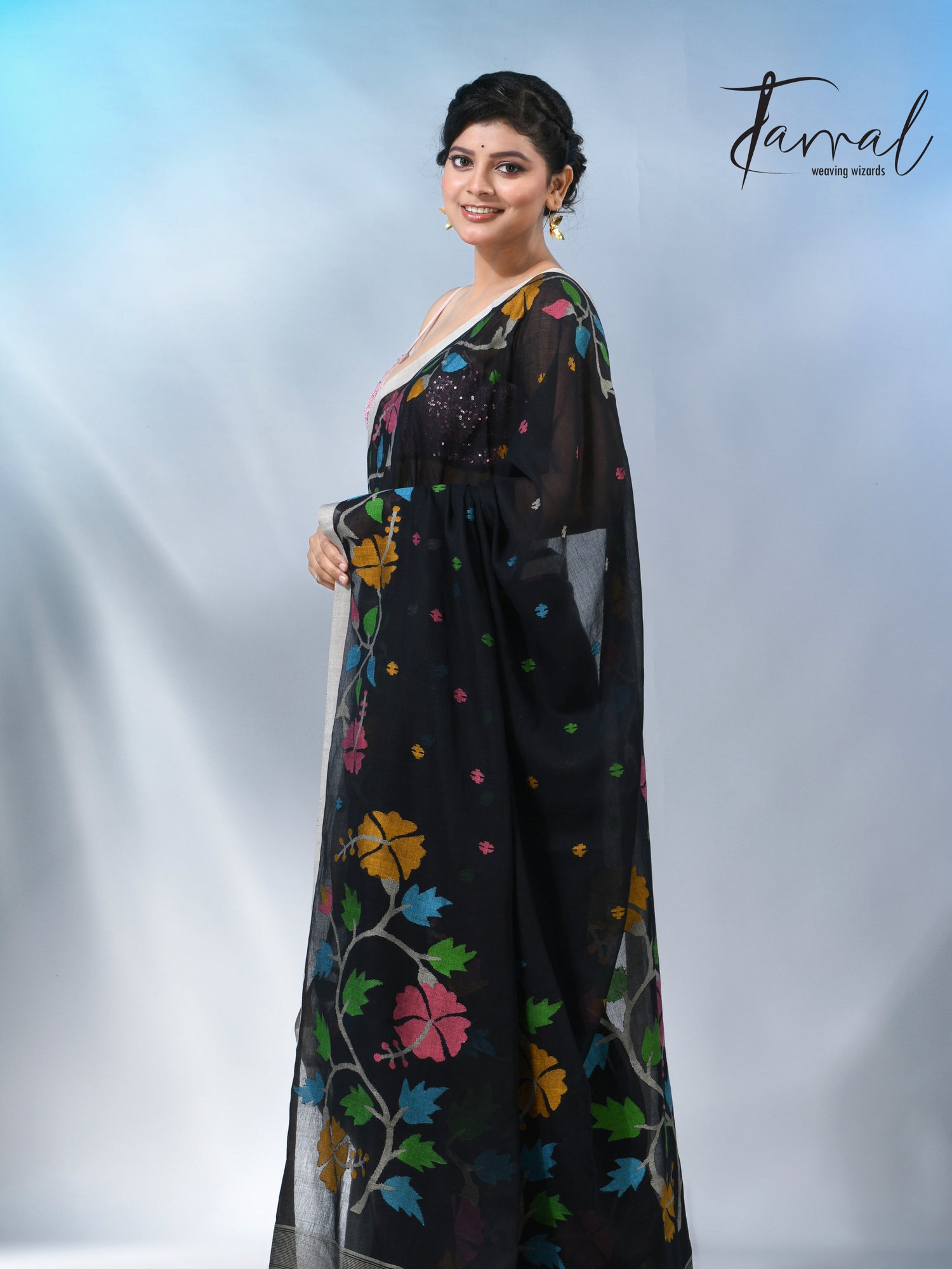 Black pure cotton hibiscus floral handwoven jamdani saree