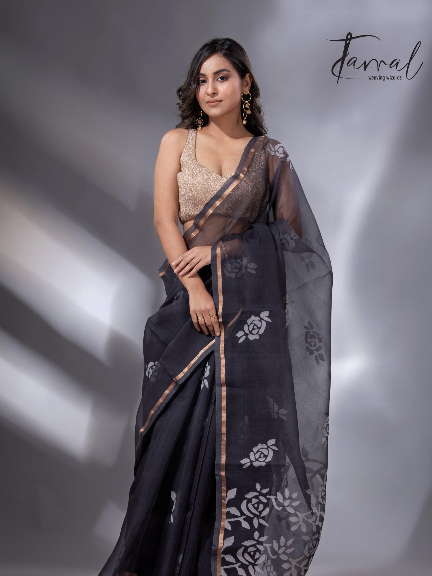 Black self rose motifs handwoven jamdani saree in muslin silk - Tamal Boutique