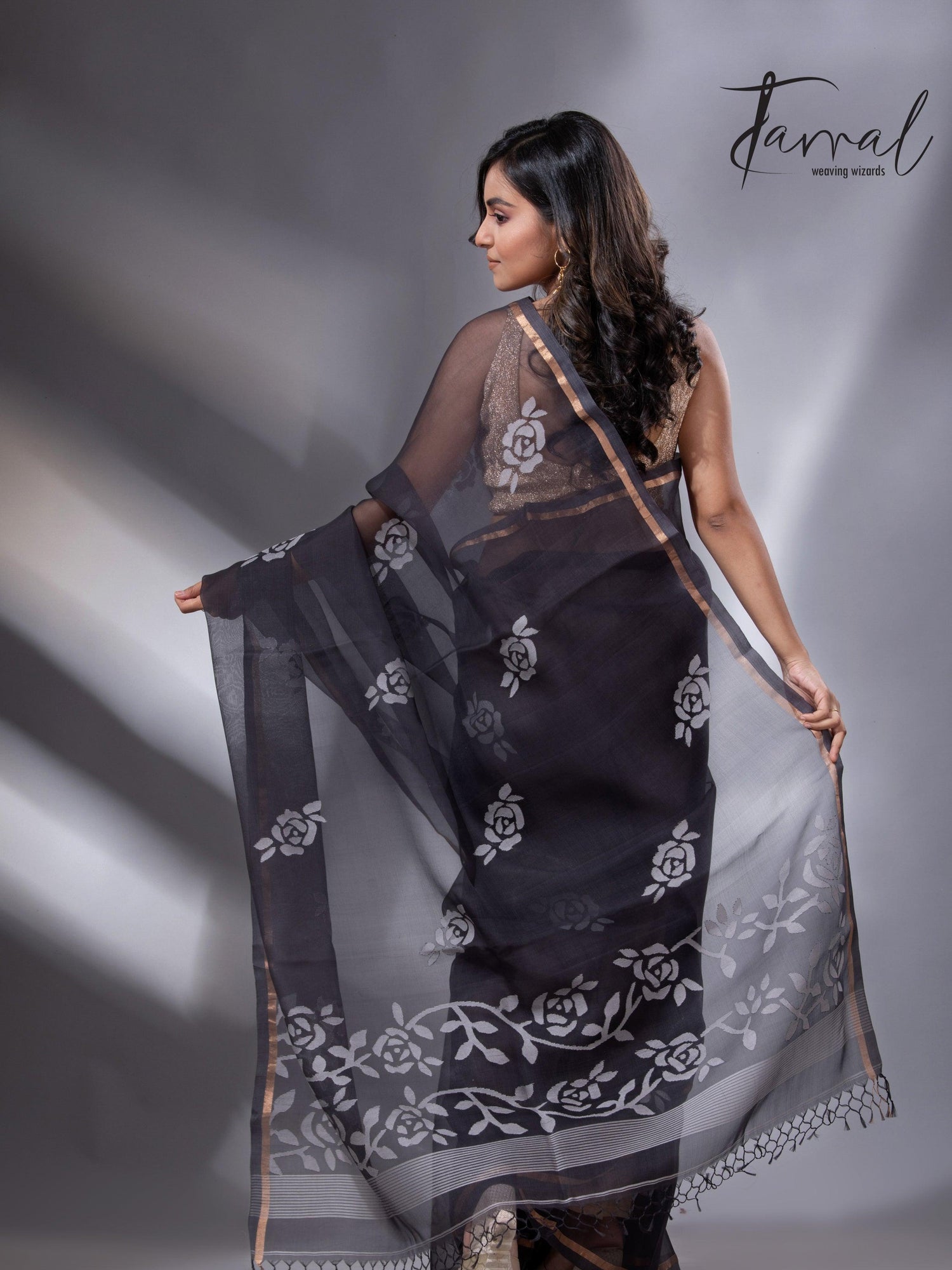 Black self rose motifs handwoven jamdani saree in muslin silk - Tamal Boutique