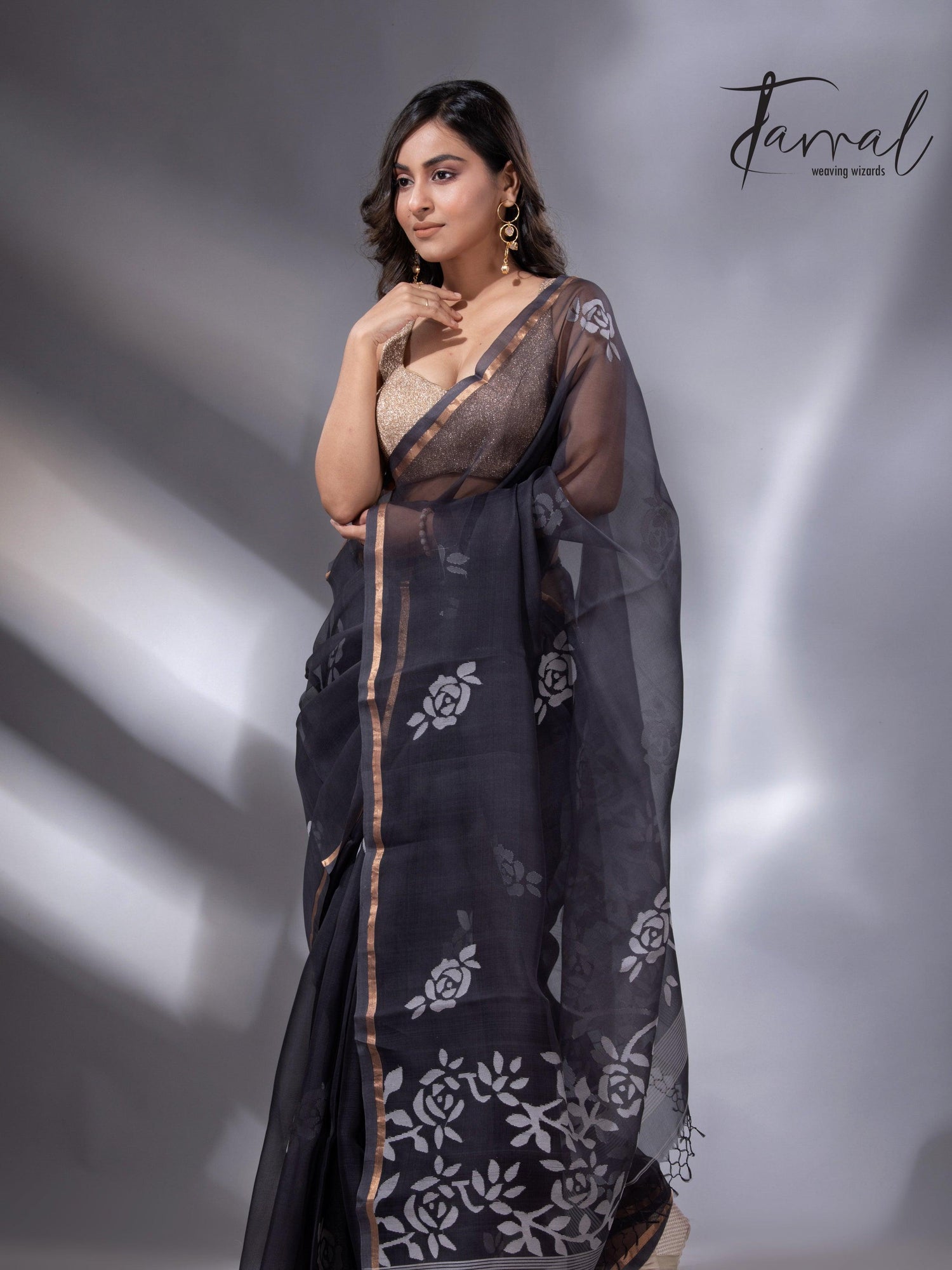 Black self rose motifs handwoven jamdani saree in muslin silk - Tamal Boutique