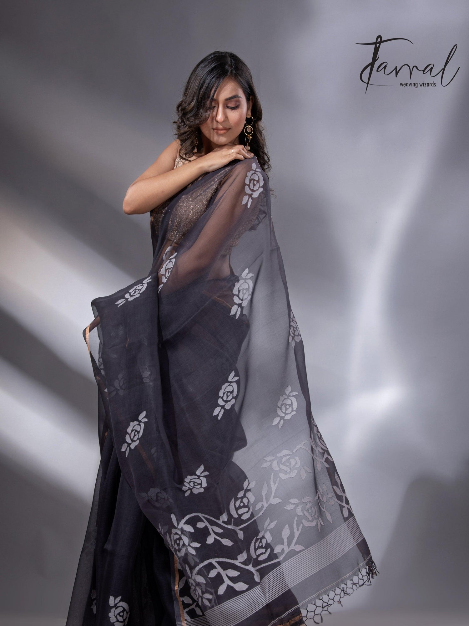 Black self rose motifs handwoven jamdani saree in muslin silk - Tamal Boutique