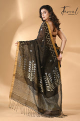Black tissue linen temple floral design handwoven jamdani saree back
