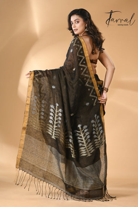 Black tissue linen temple floral design handwoven jamdani saree back