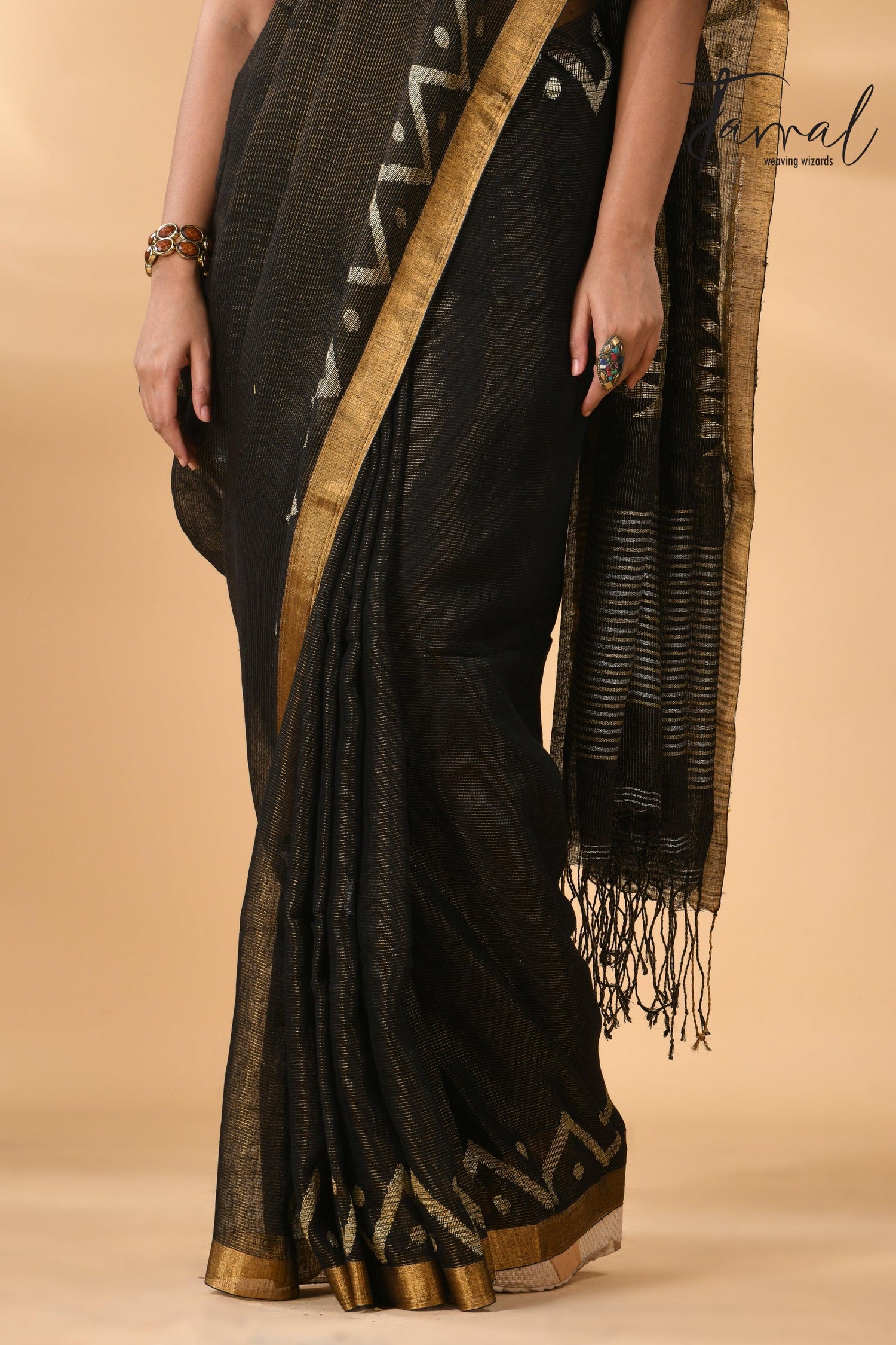 Black tissue linen temple floral design handwoven jamdani saree bottom