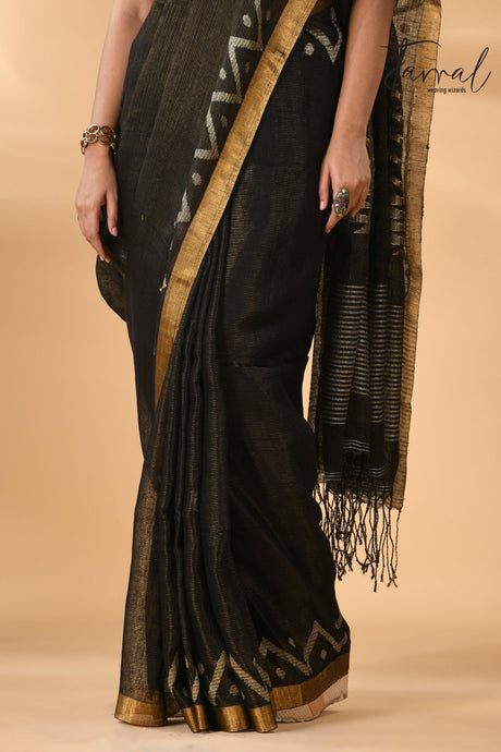 Black tissue linen temple floral design handwoven jamdani saree bottom