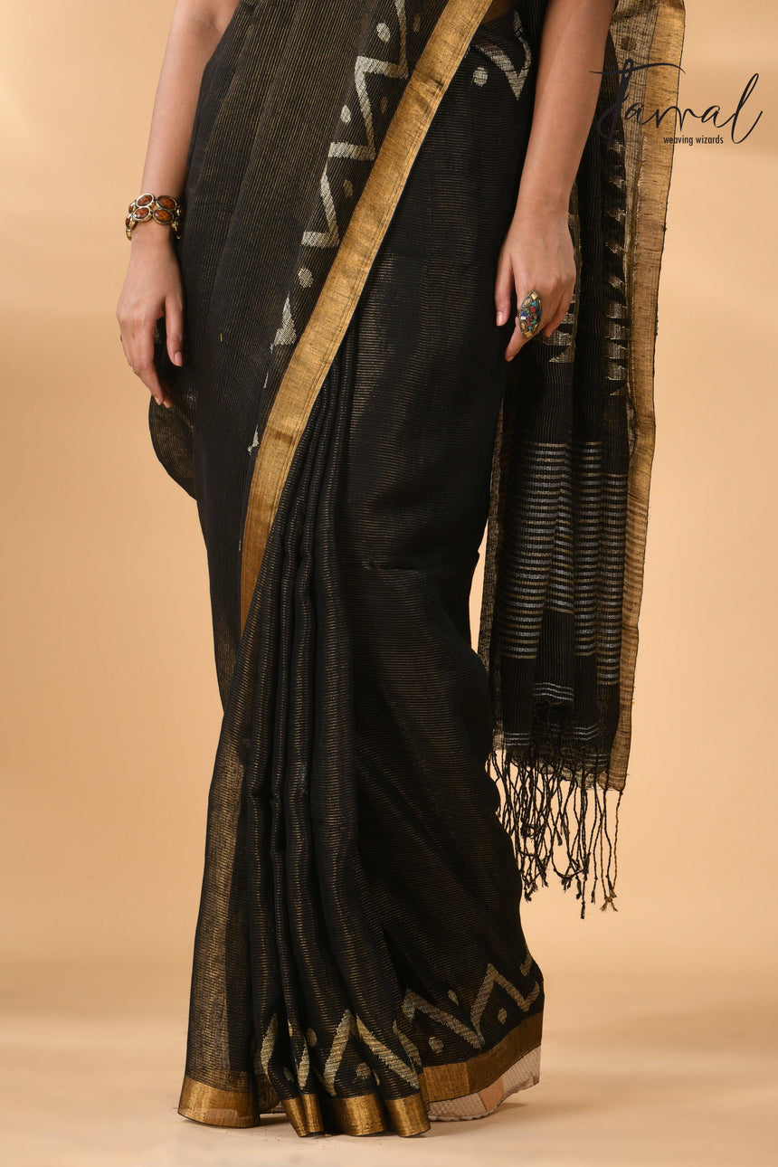 Black tissue linen temple floral design handwoven jamdani saree bottom