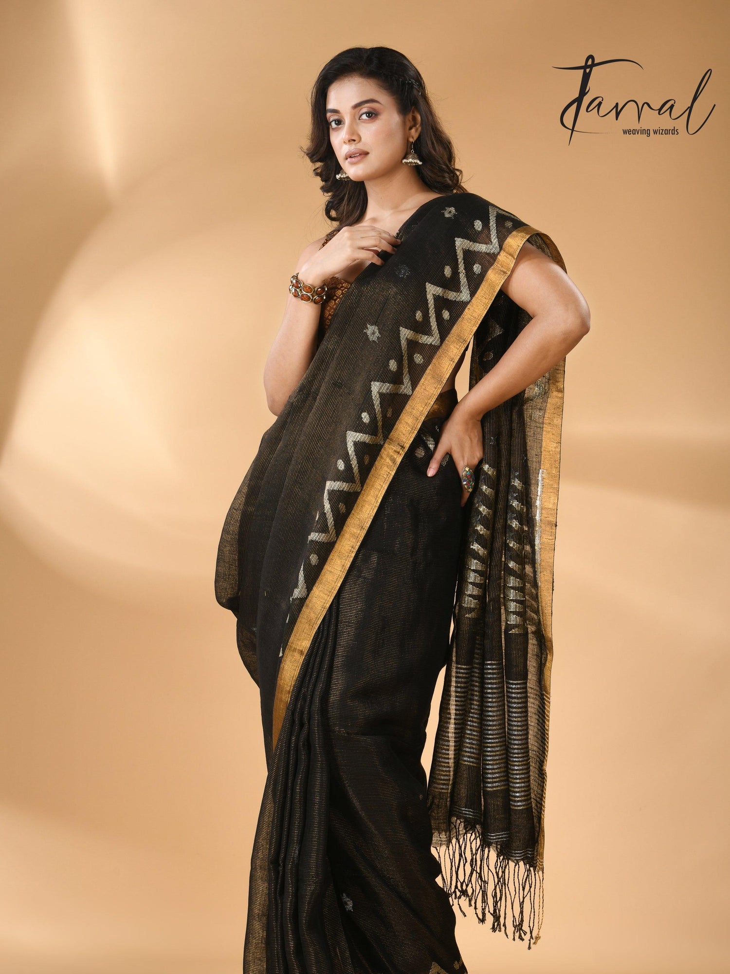 Black tissue linen temple floral design handwoven jamdani saree full