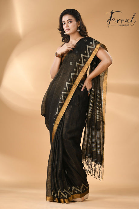 Black tissue linen temple floral design handwoven jamdani saree full