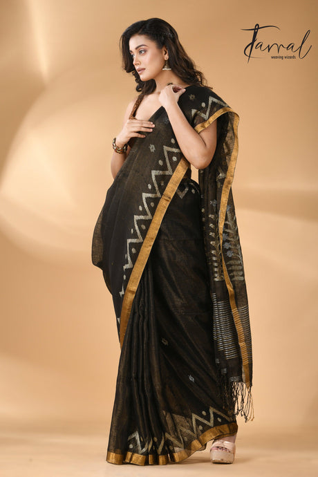Black tissue linen temple floral design handwoven jamdani saree left