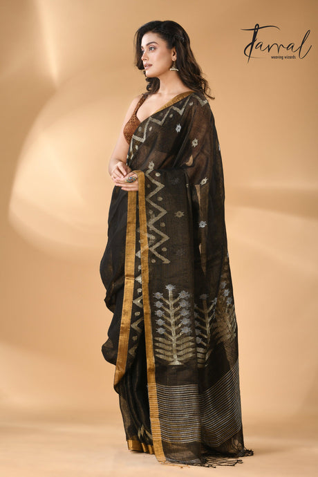 Black tissue linen temple floral design handwoven jamdani saree left2