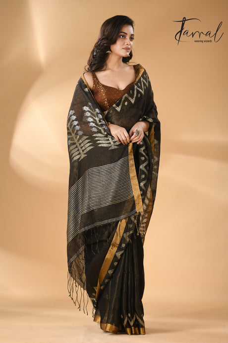 Black tissue linen temple floral design handwoven jamdani saree right