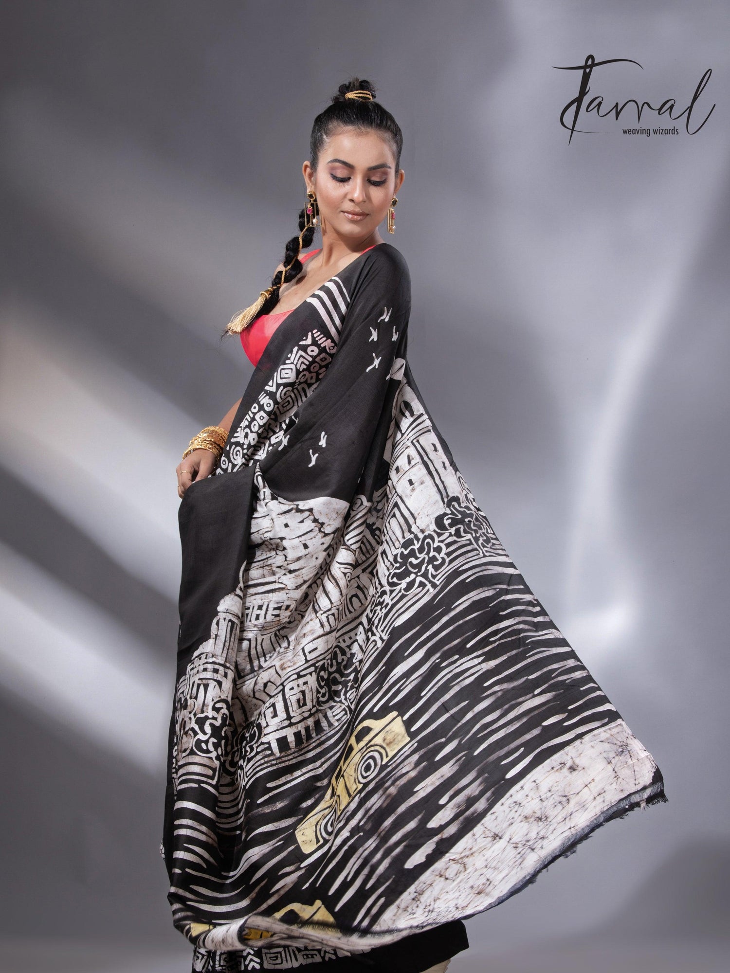 Black & white yellow taxi handcrafted pure batik silk saree