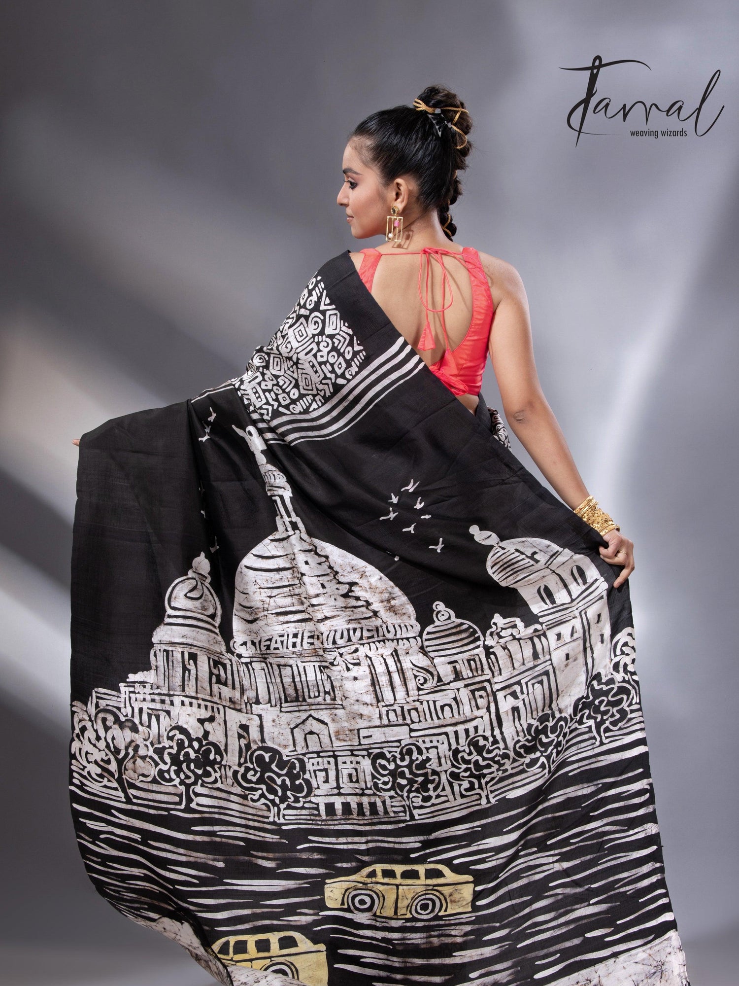 Black & white yellow taxi handcrafted pure batik silk saree