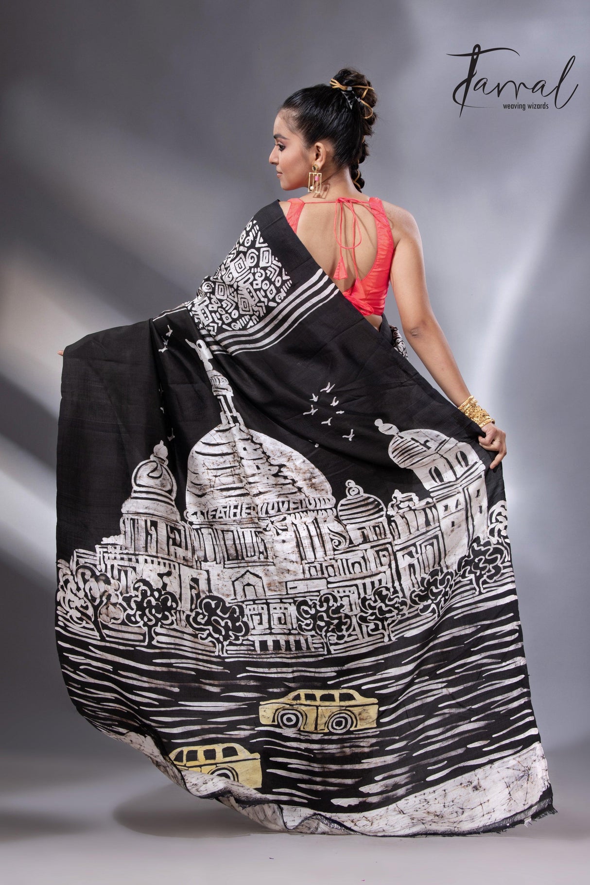 Black & white yellow taxi handcrafted pure batik silk saree