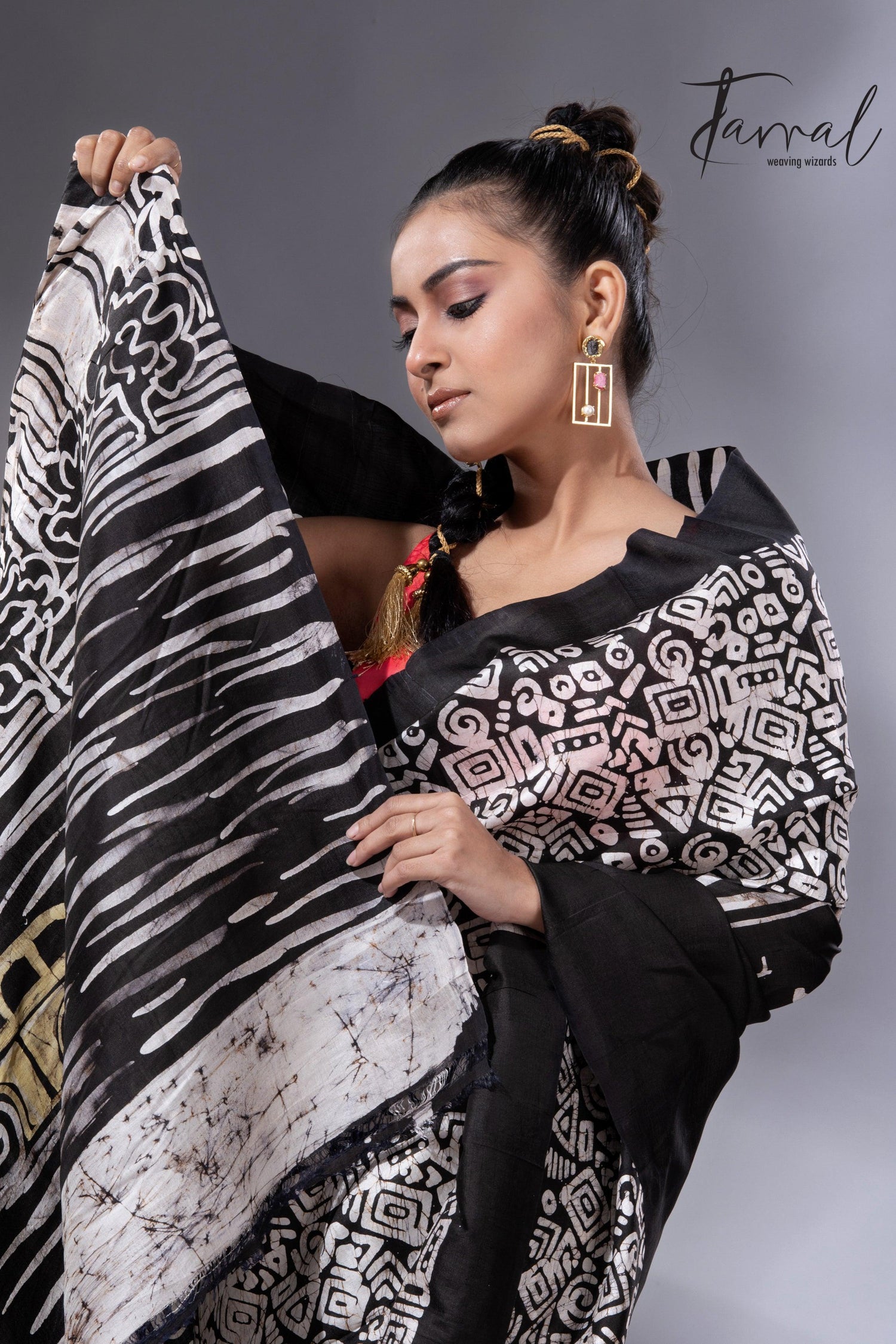 Black & white yellow taxi handcrafted pure batik silk saree