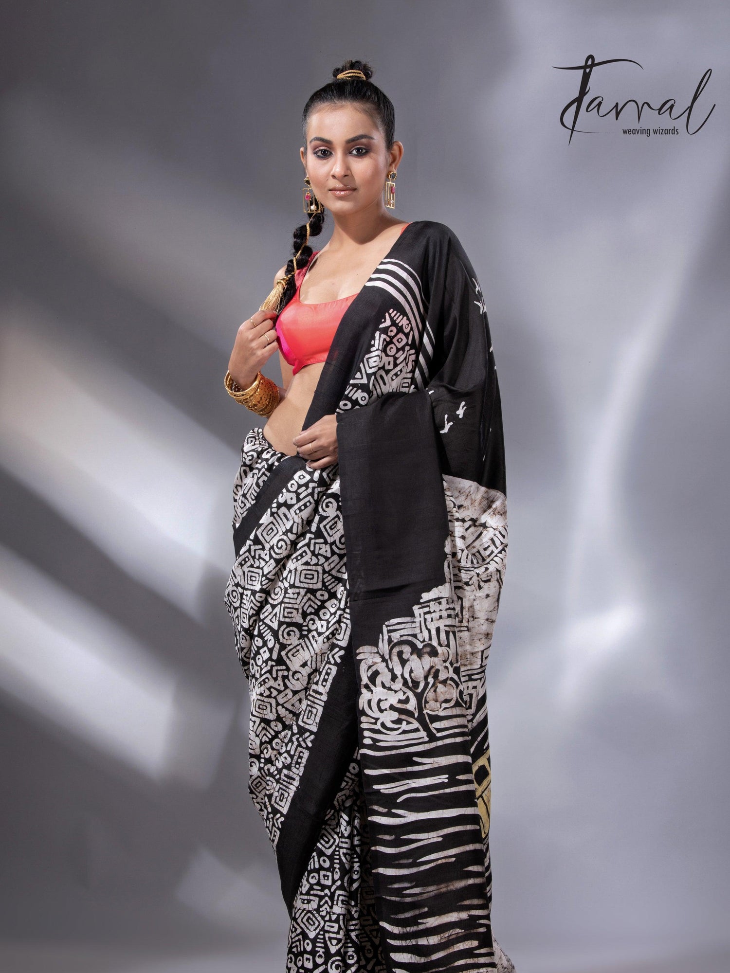 Black & white yellow taxi handcrafted pure batik silk saree