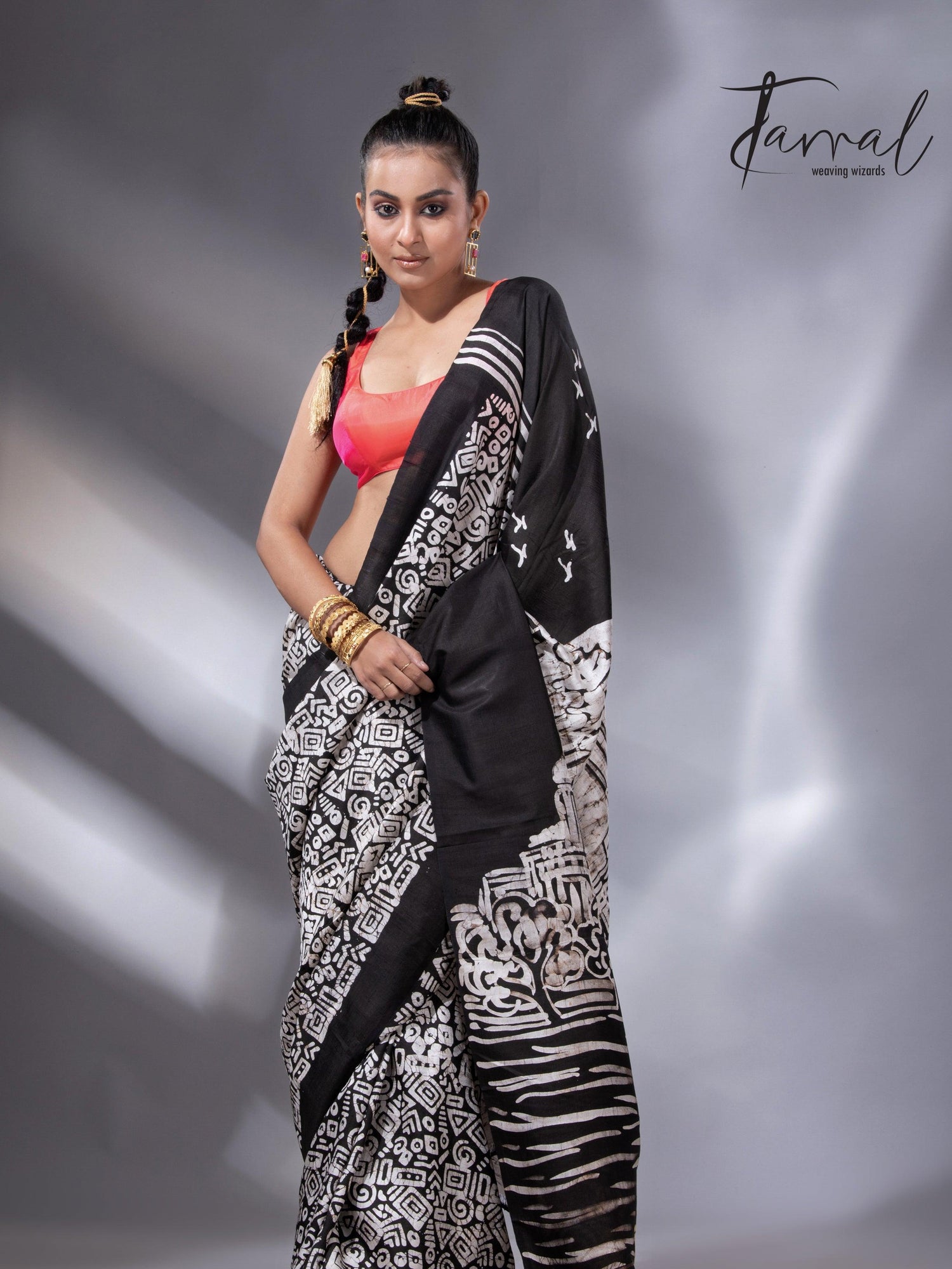 Black & white yellow taxi handcrafted pure batik silk saree