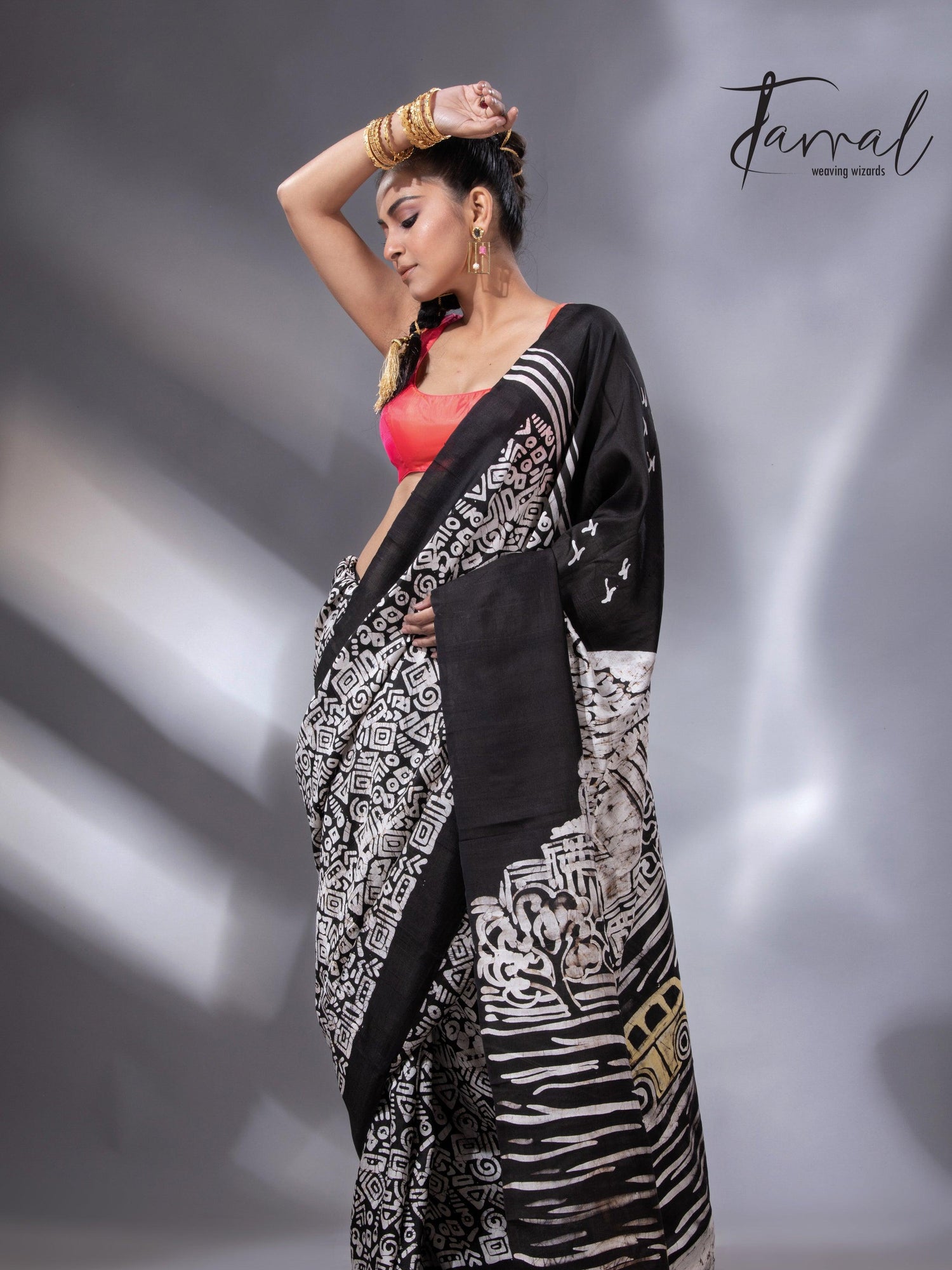 Black & white yellow taxi handcrafted pure batik silk saree