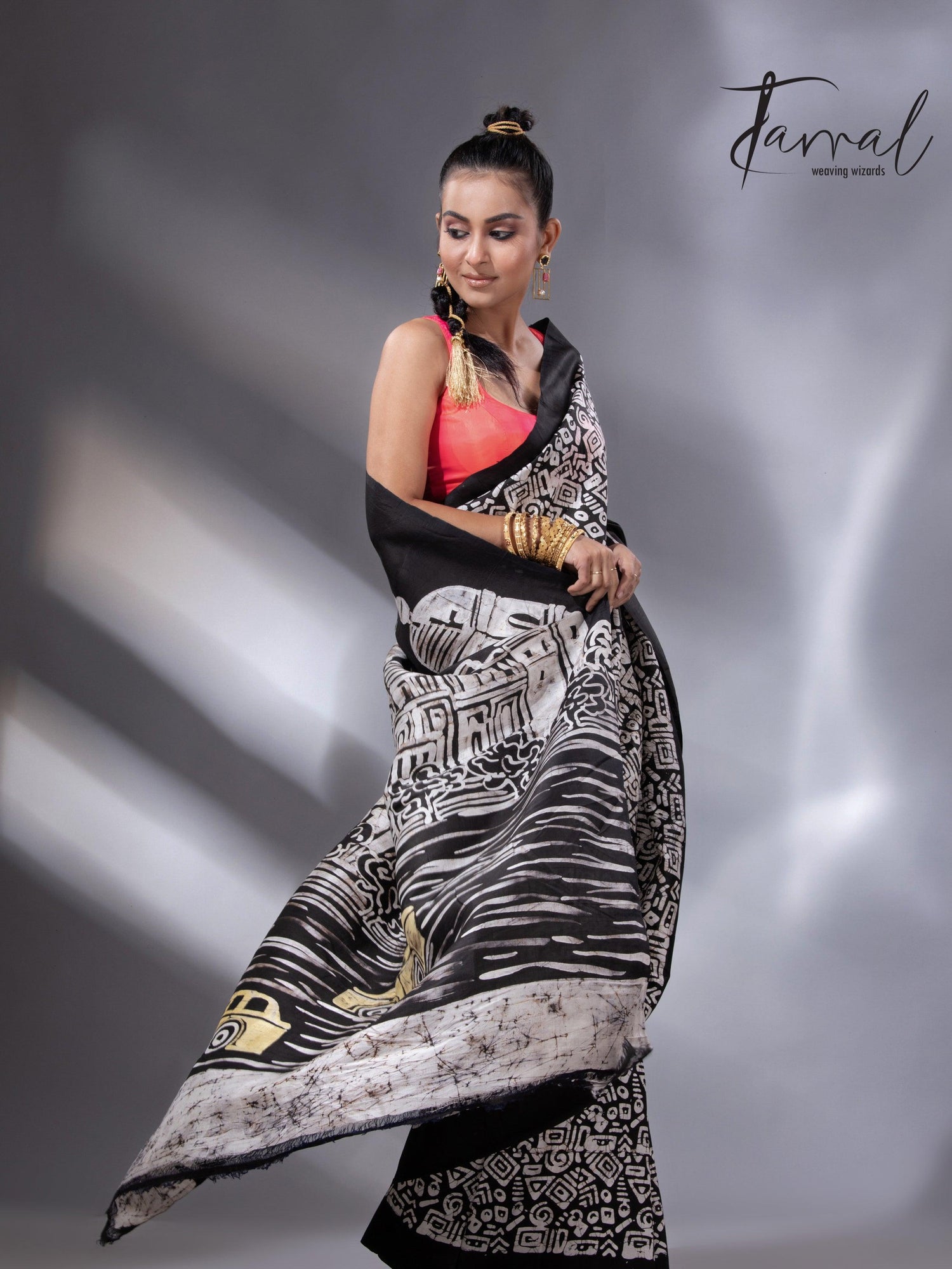 Black & white yellow taxi handcrafted pure batik silk saree
