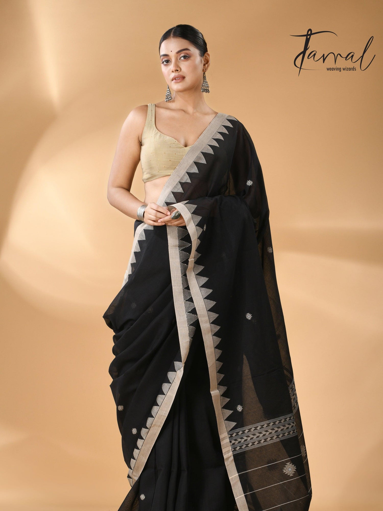 Black with beige temple border handwoven jamdani cotton saree