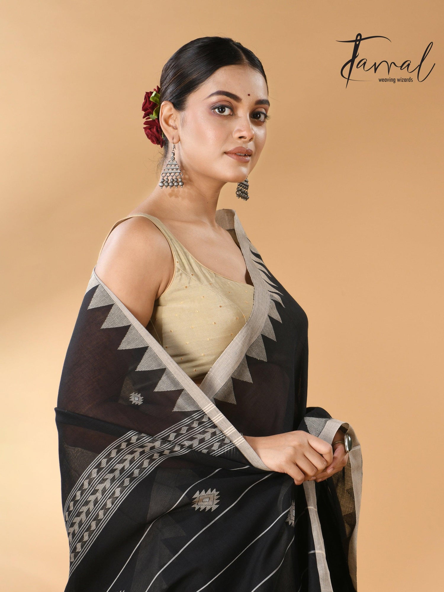 Black with beige temple border handwoven jamdani cotton saree