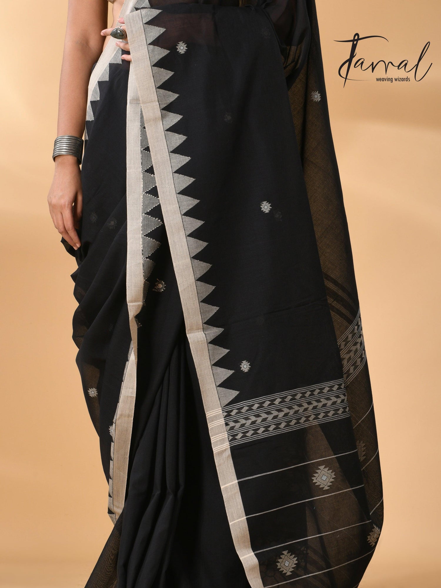 Black with beige temple border handwoven jamdani cotton saree