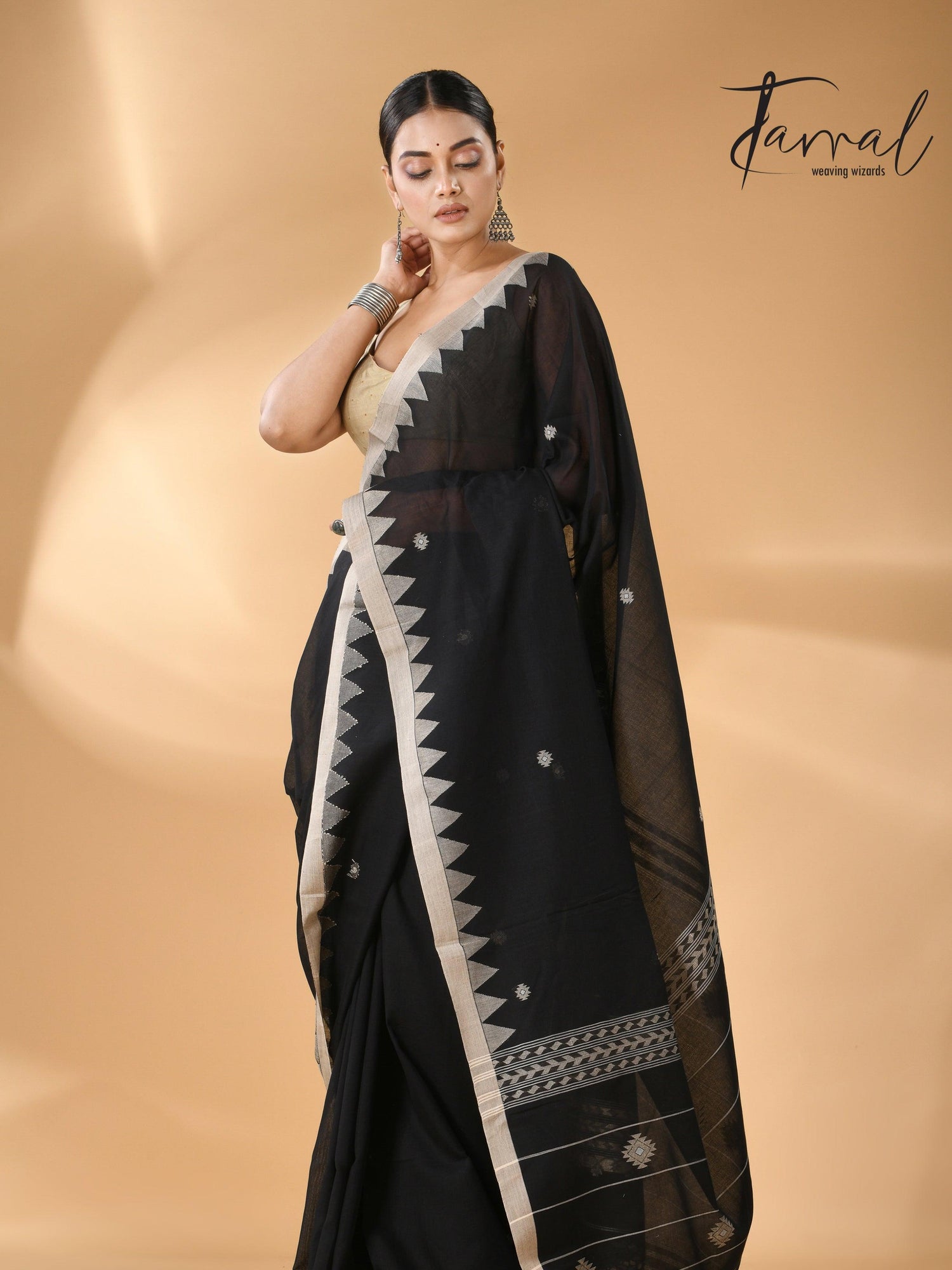 Black with beige temple border handwoven jamdani cotton saree