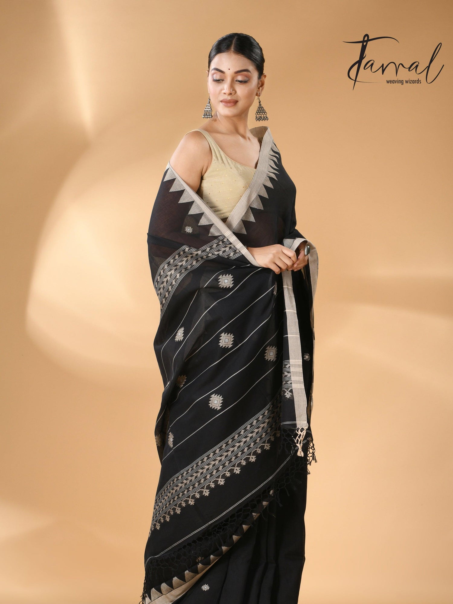 Black with beige temple border handwoven jamdani cotton saree