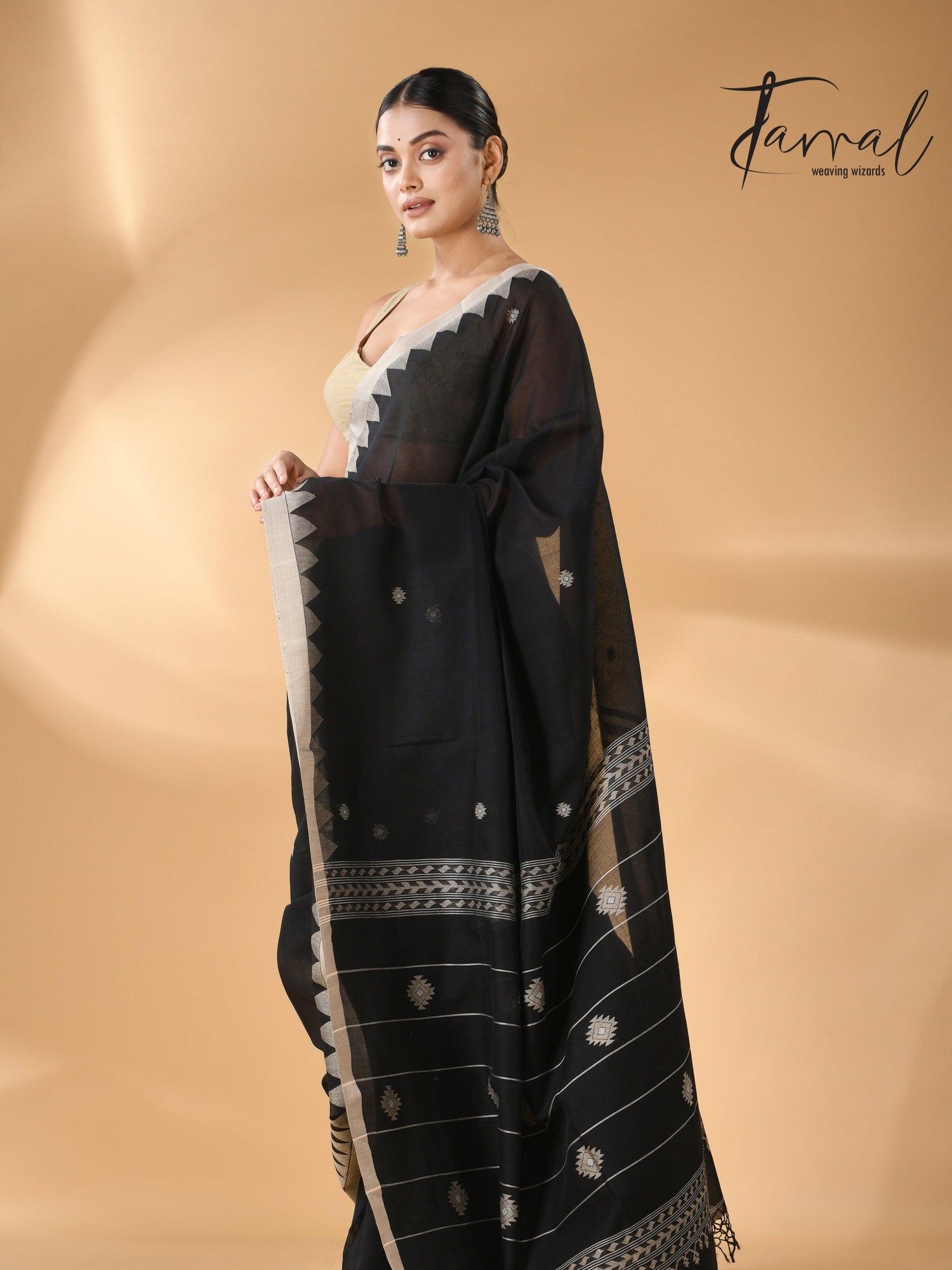 Black with beige temple border handwoven jamdani cotton saree