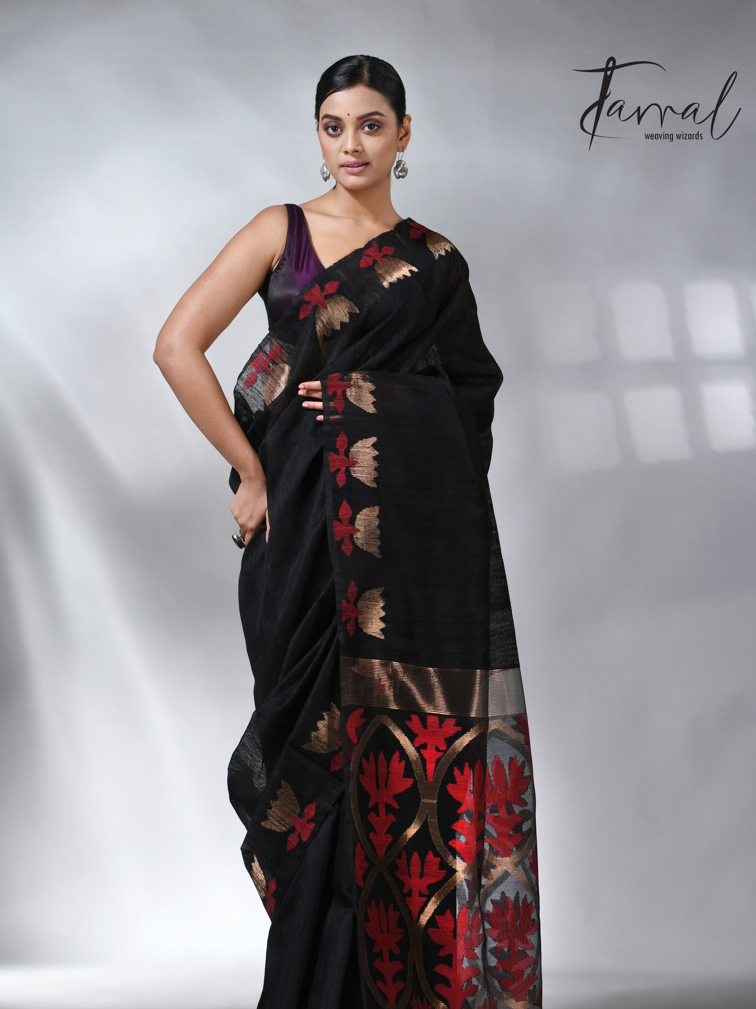 Black with golden lotus matka silk handwoven jamdani saree