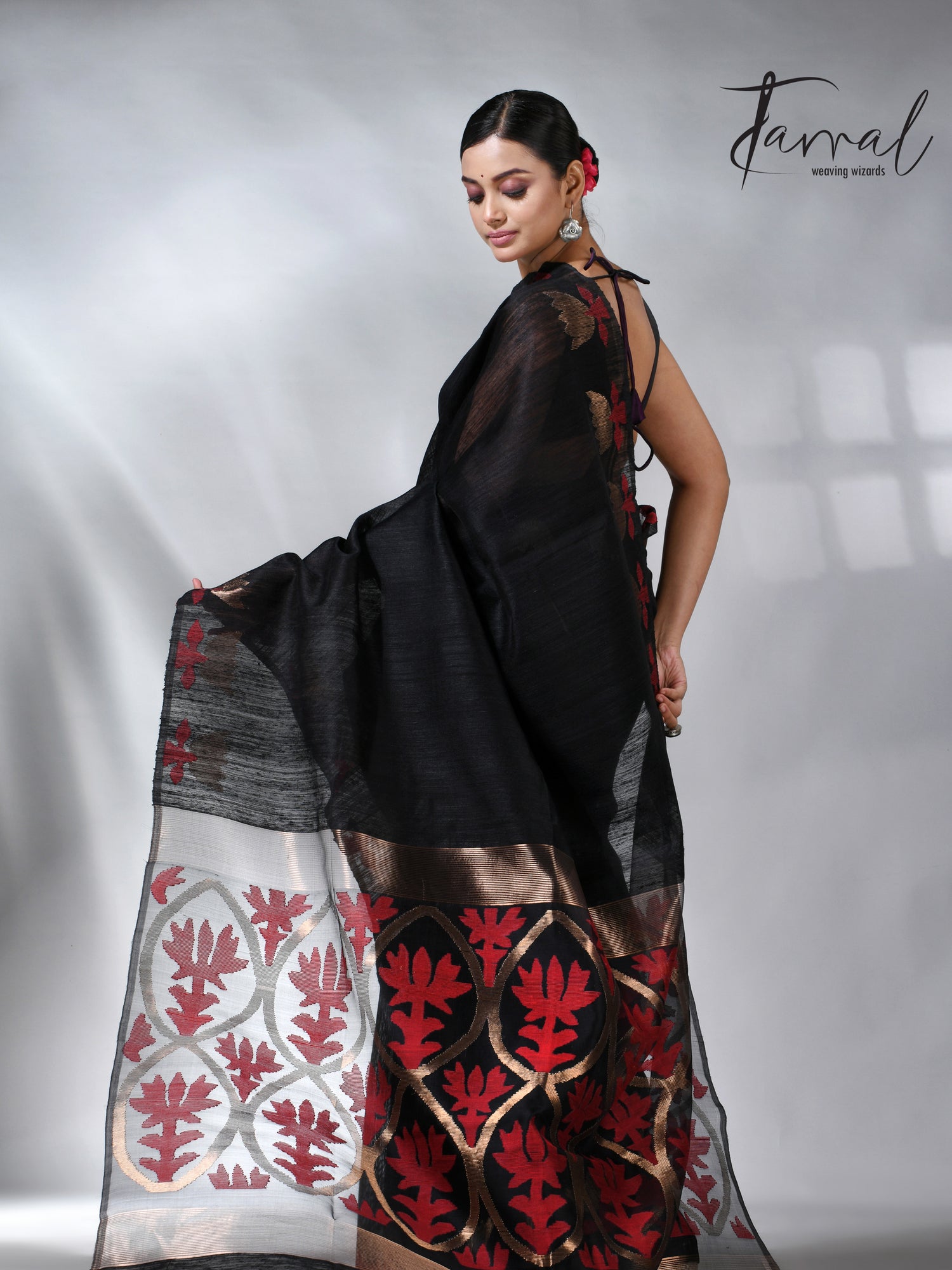 Black with golden lotus matka silk handwoven jamdani saree