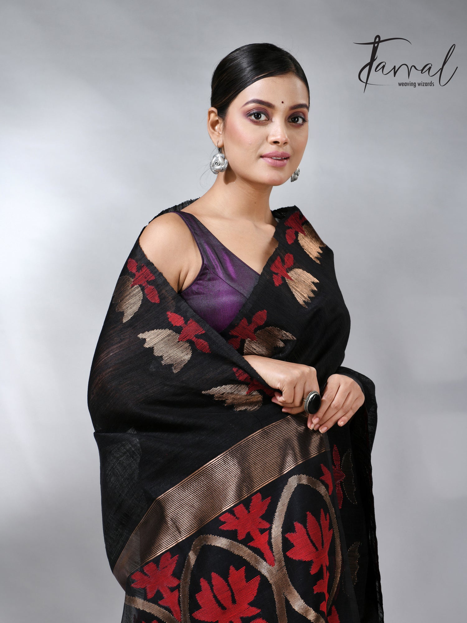 Black with golden lotus matka silk handwoven jamdani saree
