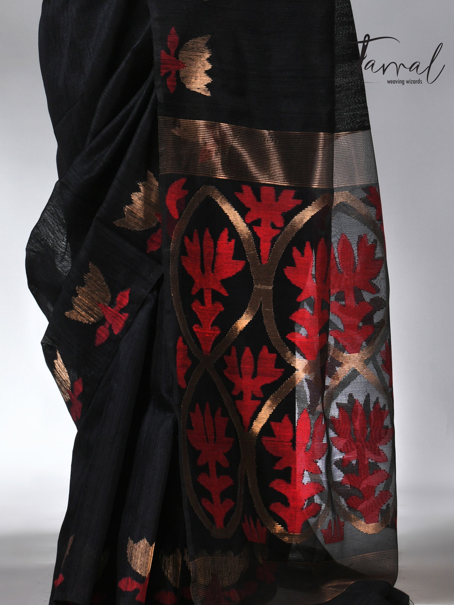 Black with golden lotus matka silk handwoven jamdani saree