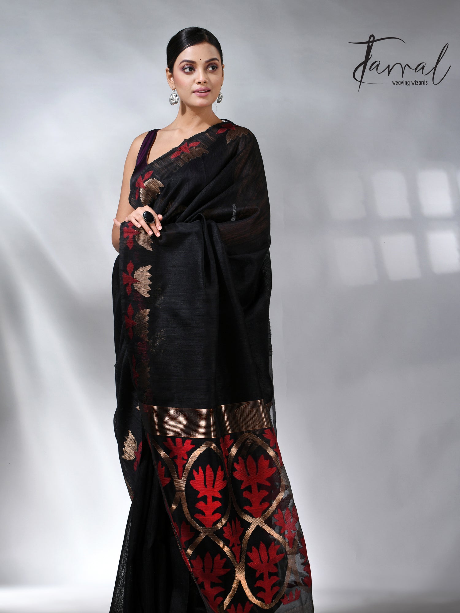 Black with golden lotus matka silk handwoven jamdani saree