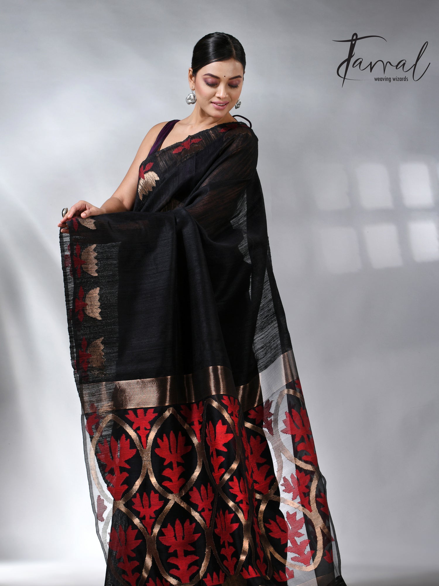 Black with golden lotus matka silk handwoven jamdani saree