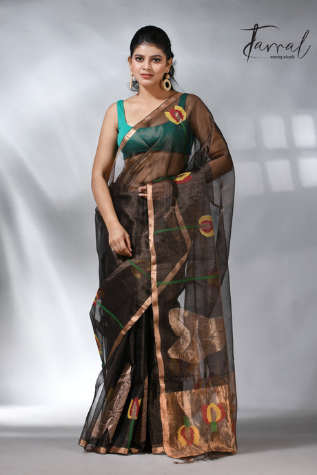 Black with golden tissue muslin lotus handwoven jamdani saree
