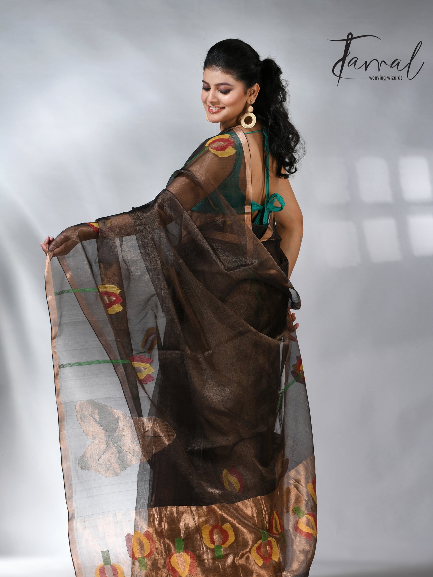 Black with golden tissue muslin lotus handwoven jamdani saree