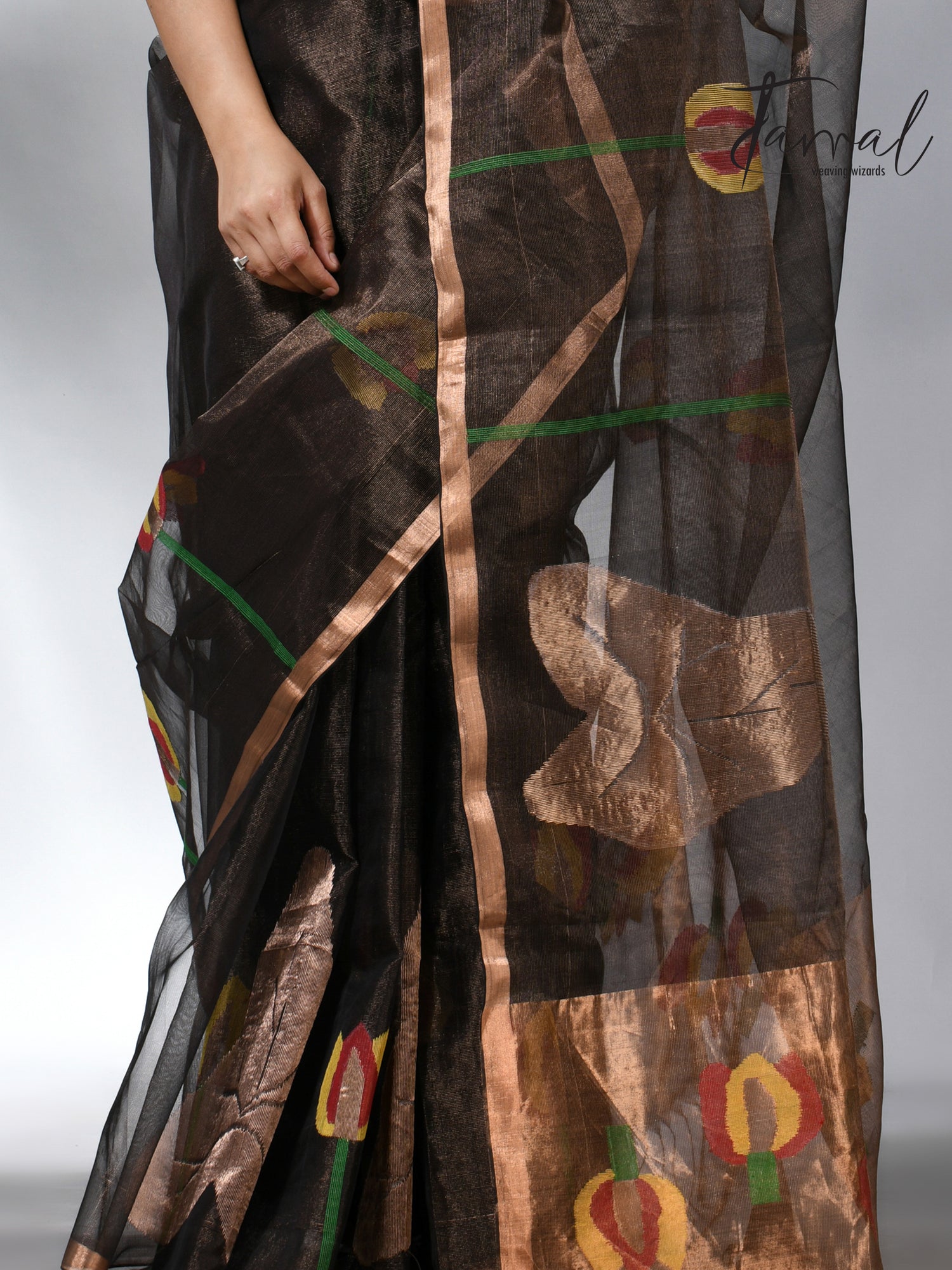 Black with golden tissue muslin lotus handwoven jamdani saree