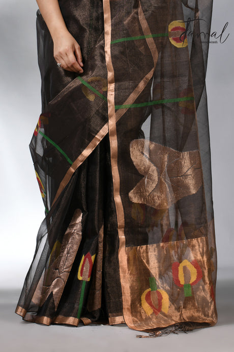 Black with golden tissue muslin lotus handwoven jamdani saree