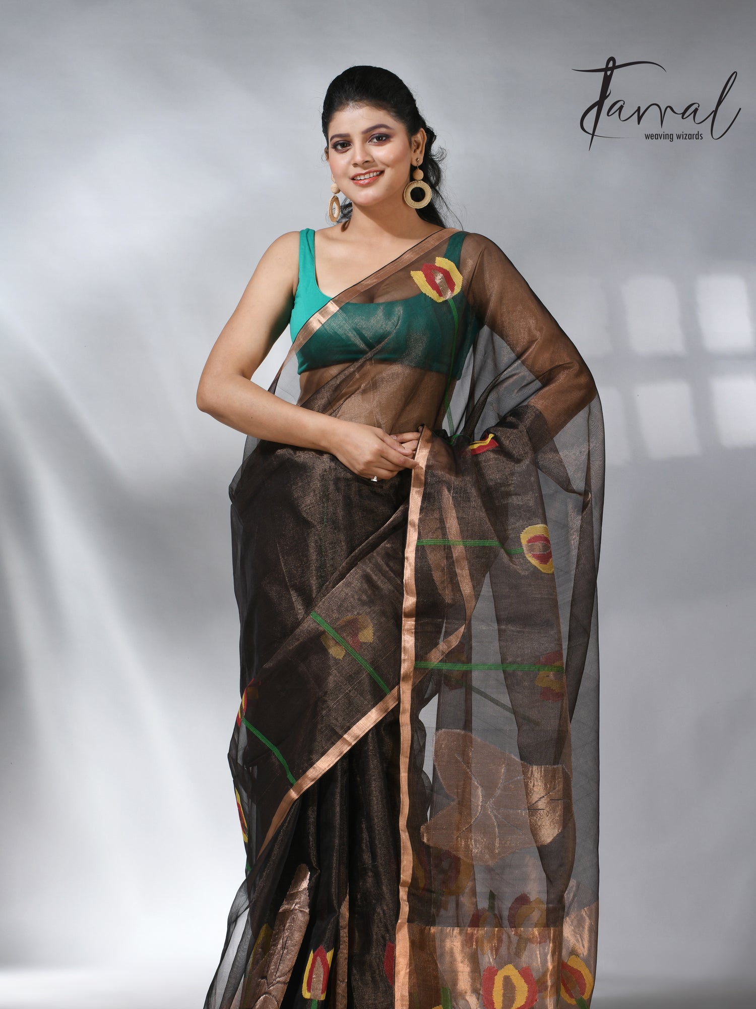Black with golden tissue muslin lotus handwoven jamdani saree