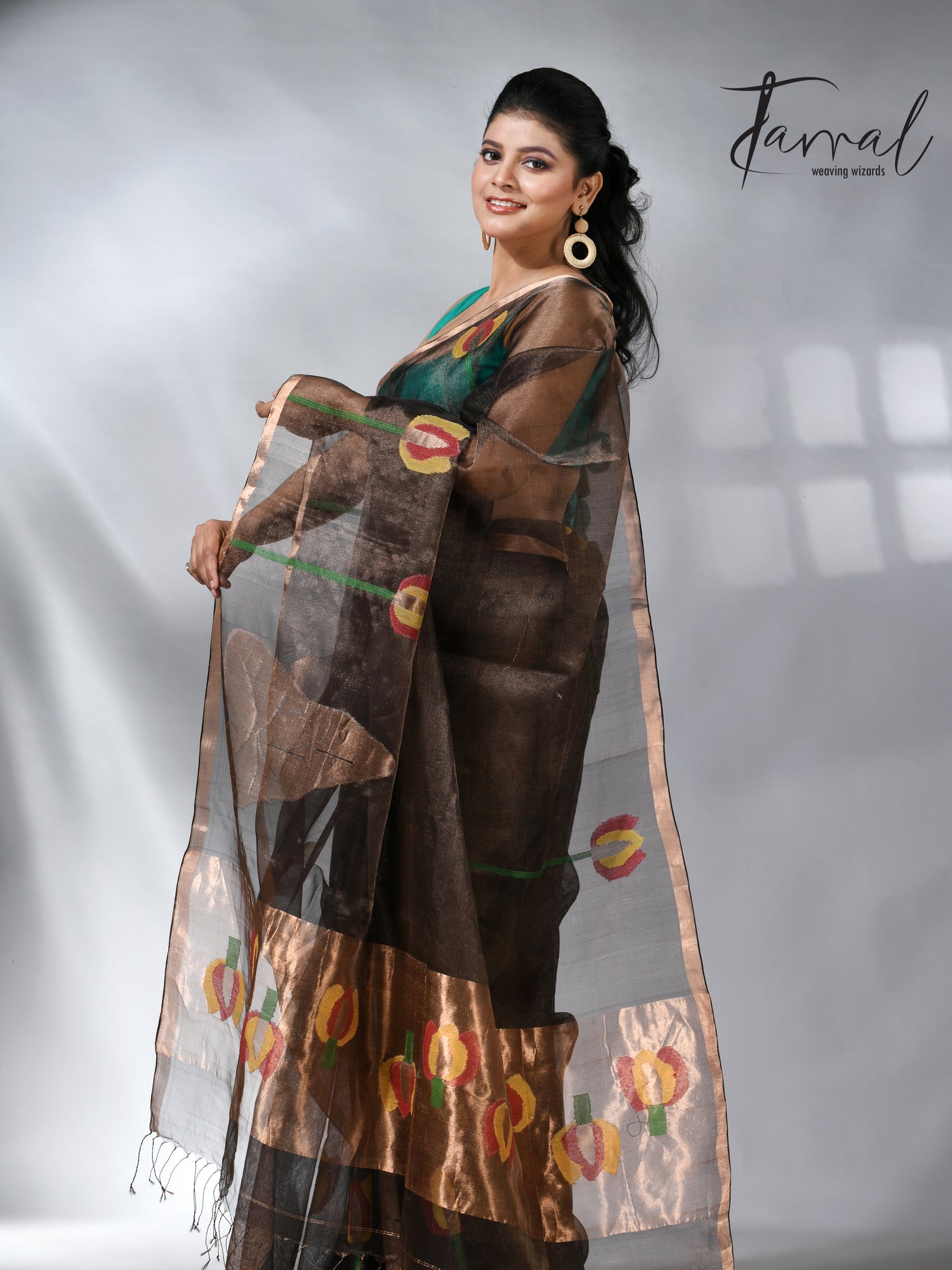 Black with golden tissue muslin lotus handwoven jamdani saree