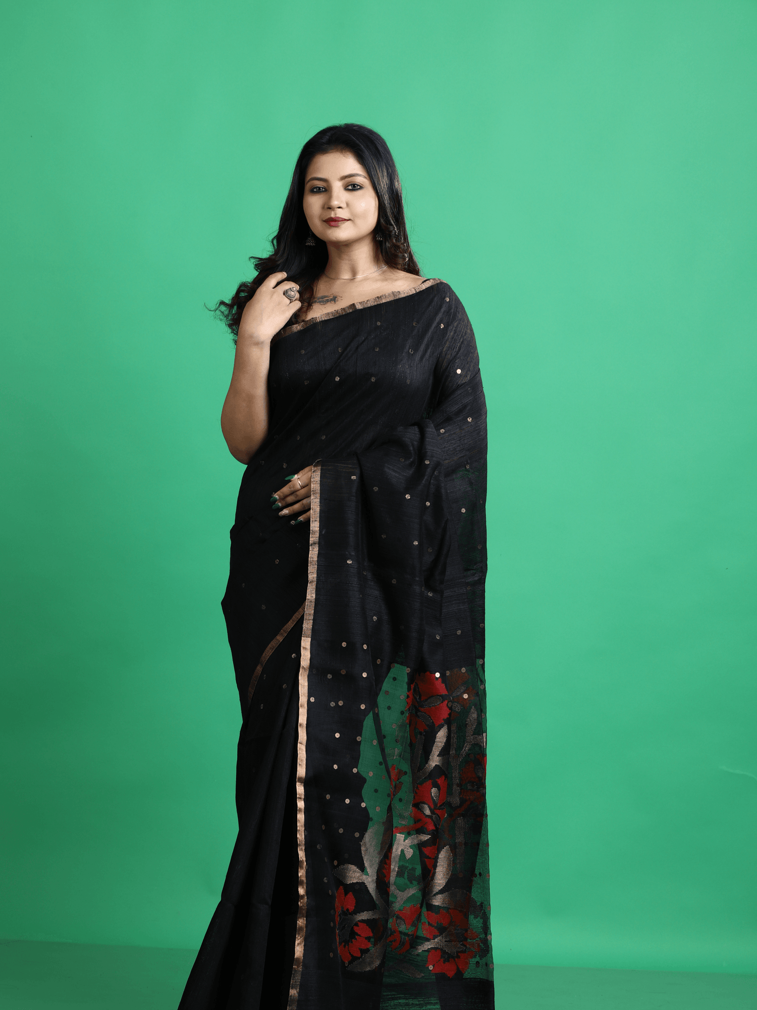 Black with golden zari border matka silk sequins handwoven jamdani saree - Tamal Boutique