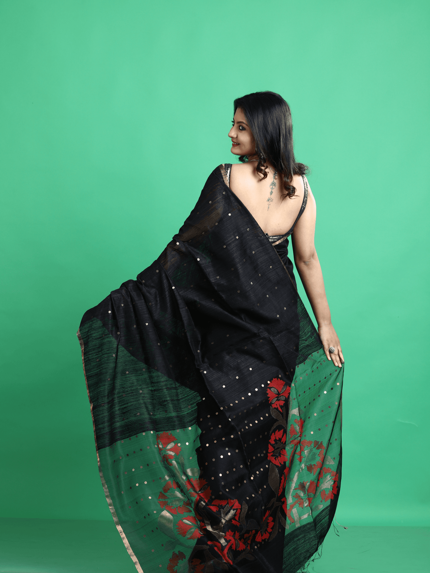 Black with golden zari border matka silk sequins handwoven jamdani saree - Tamal Boutique