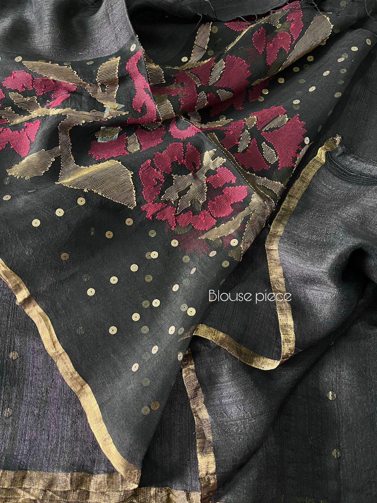 Black with golden zari border matka silk sequins handwoven jamdani saree - Tamal Boutique