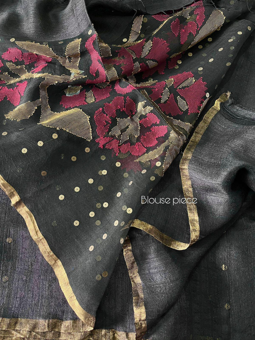 Black with golden zari border matka silk sequins handwoven jamdani saree - Tamal Boutique