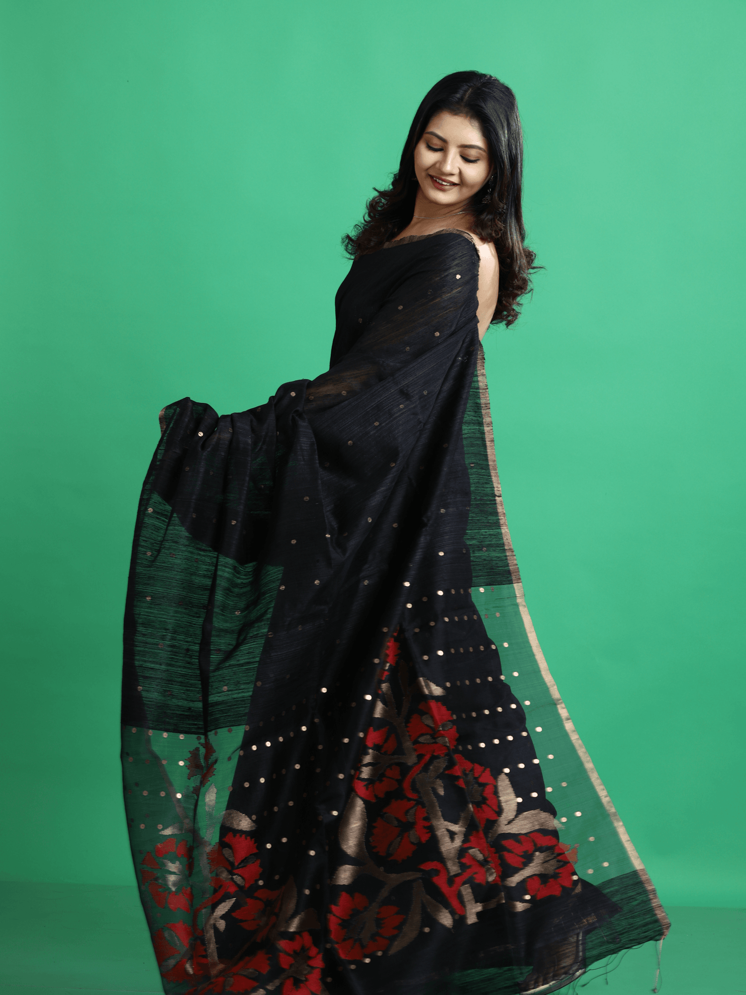 Black with golden zari border matka silk sequins handwoven jamdani saree - Tamal Boutique