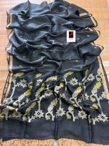 Black lata pallu silk linen handwoven jamdani saree - Tamal Boutique
