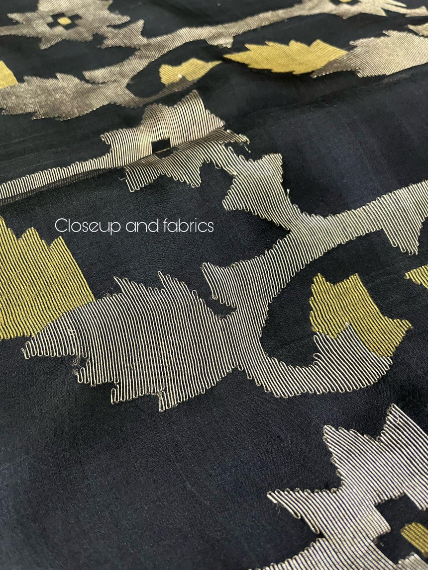 Black lata pallu silk linen handwoven jamdani saree - Tamal Boutique