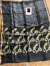 Black lata pallu silk linen handwoven jamdani saree - Tamal Boutique